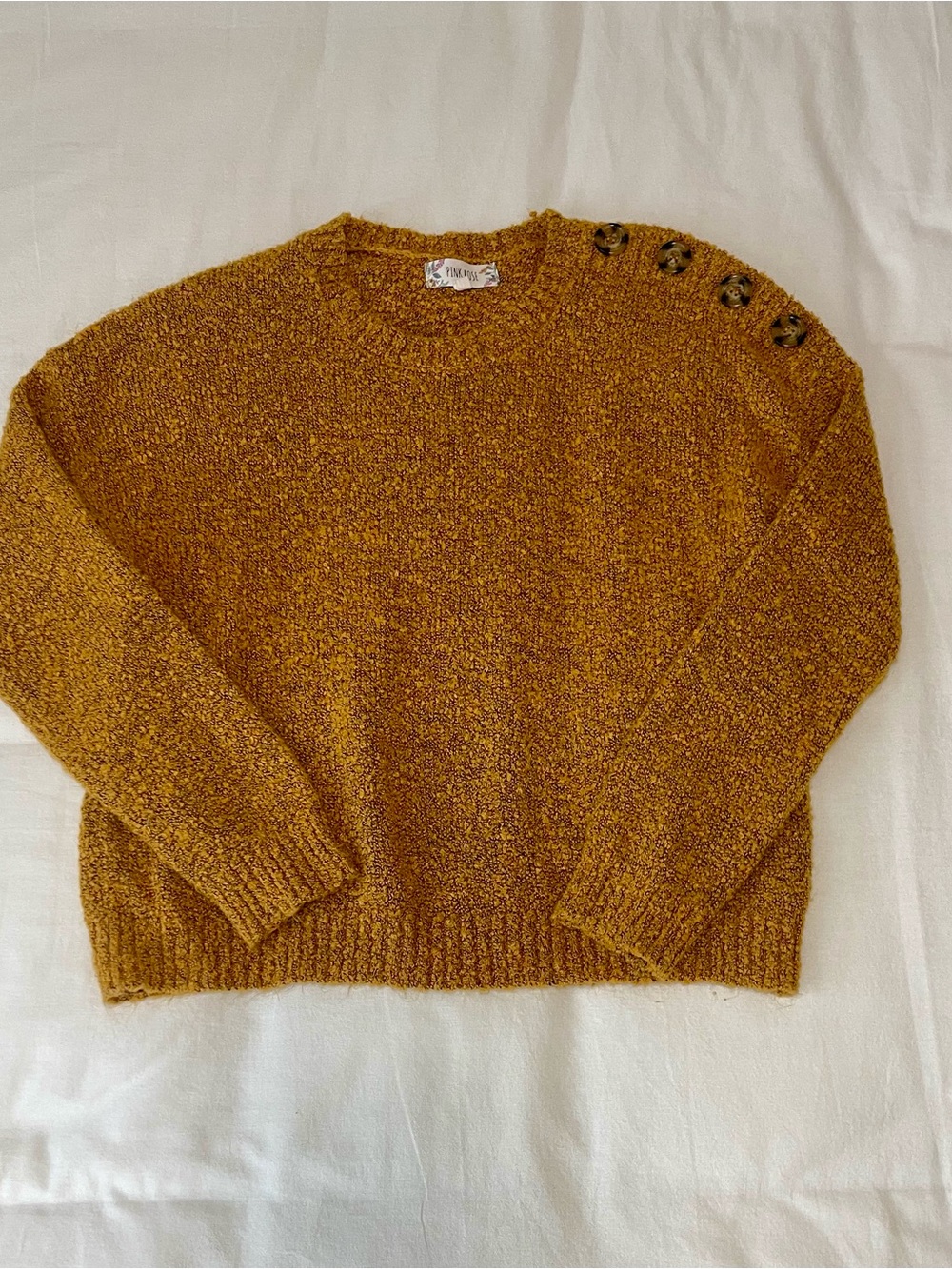 Pink Rose Mustard Button-Shoulder Crewneck Sweater